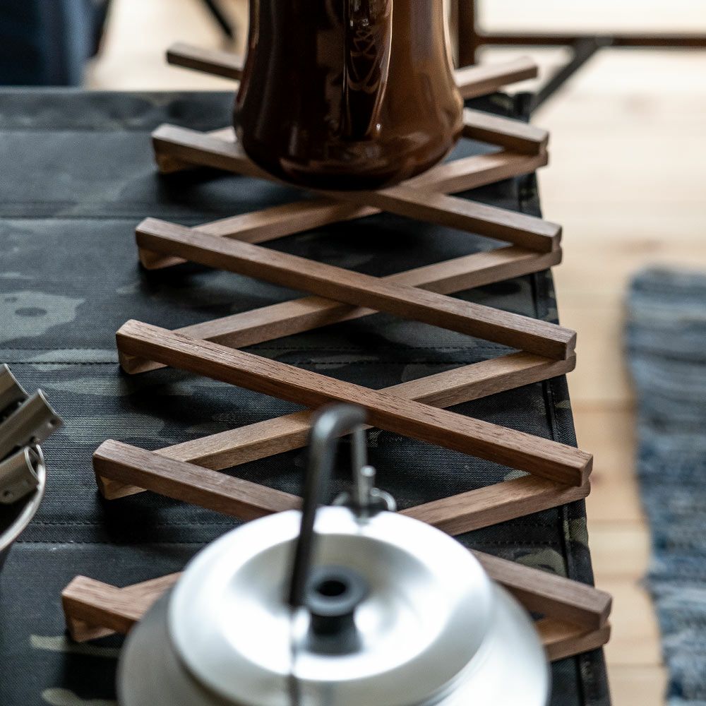 鍋敷きオリジナルアップサイクル木製おしゃれFlexPotStandポットスタンド敷物伸縮なべしきコースターアウトドア可変サステナブル