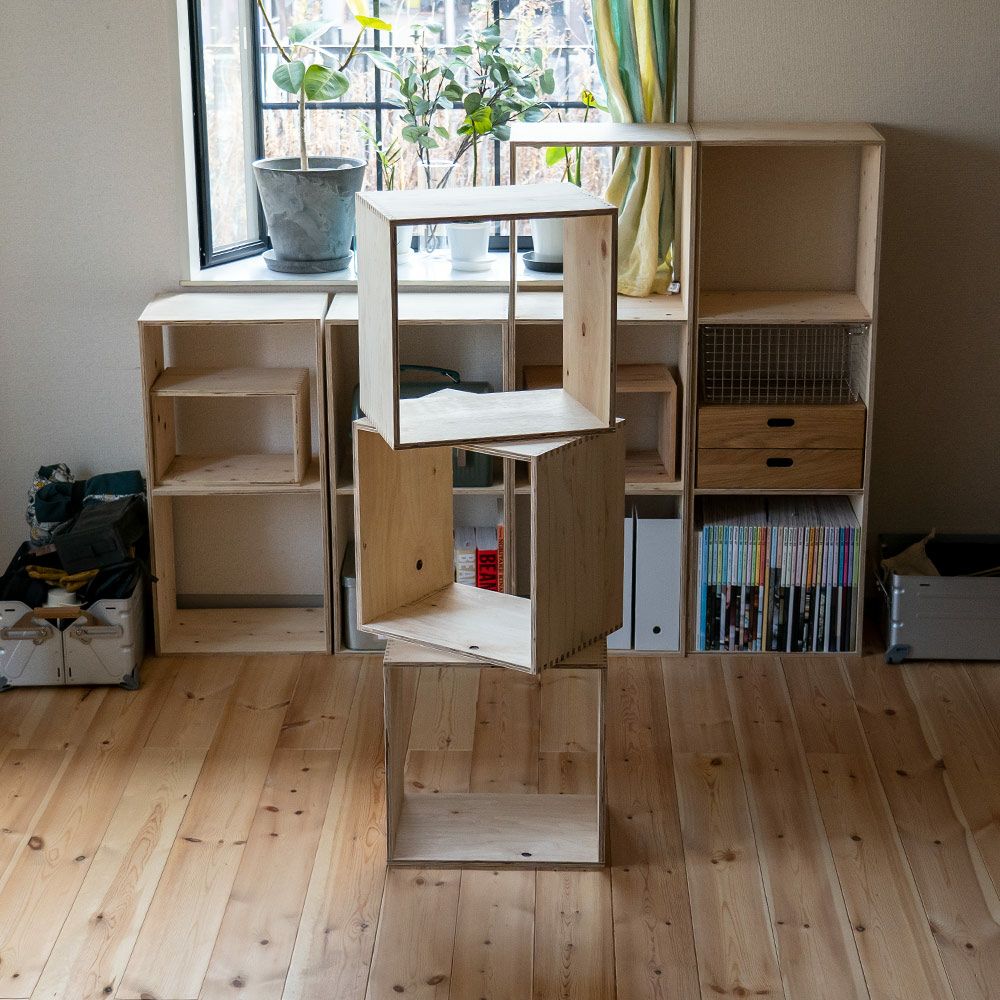 オープンシェルフ1スタッキング収納本棚木箱ルータースタッキングシェルフあられ組みスタッキングシェルフ日本製ひのき合板