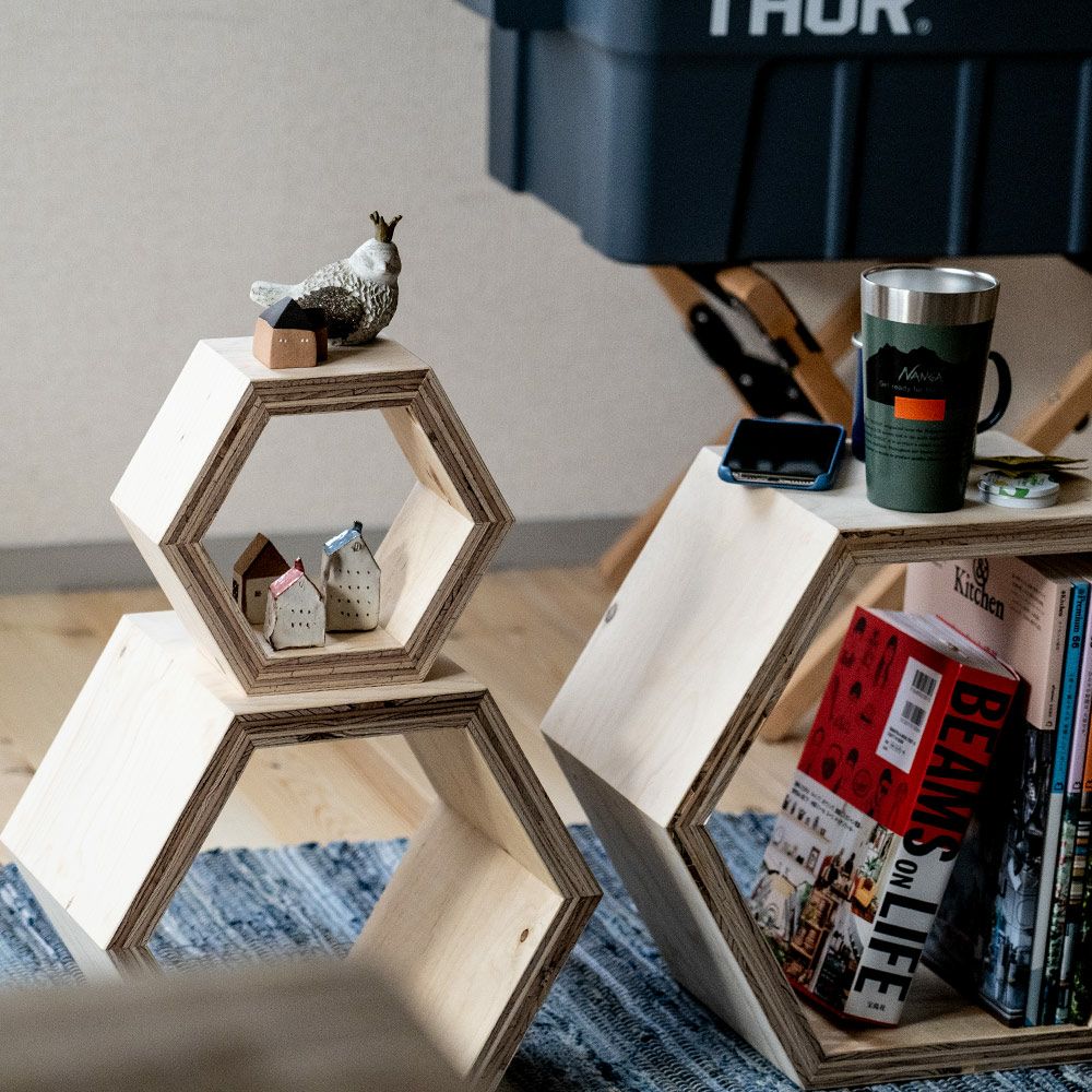 ハニカムシェルフBOX4セットヘキサ6角形収納ディスプレイ什器シェルフボックスBOX本立て木製合板